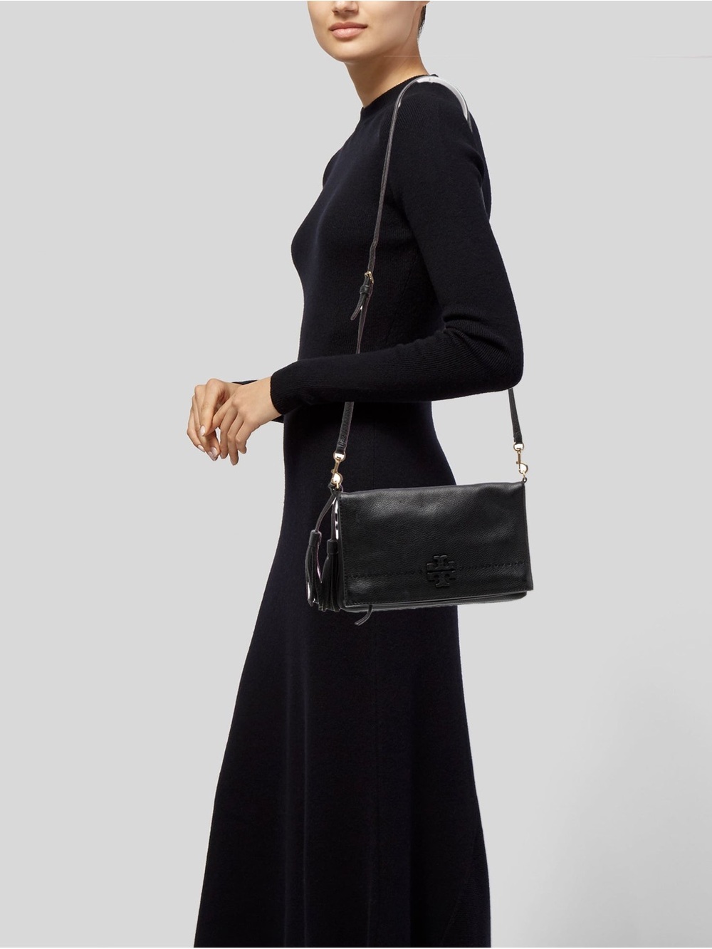 Tory Burch McGraw Fold-Over Leather Crossbody Bag – Black